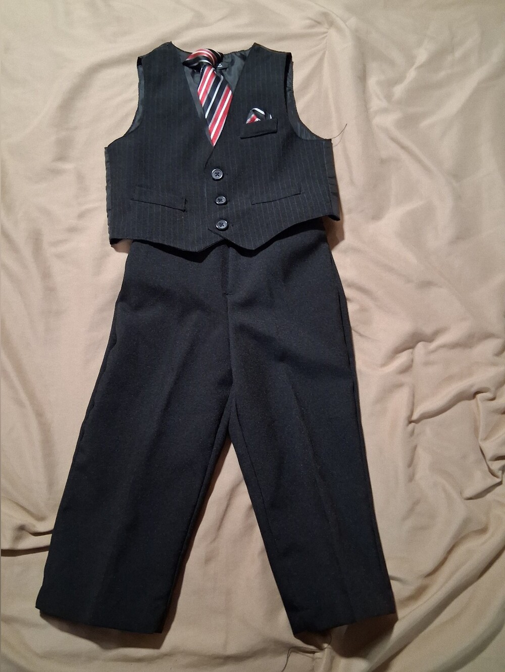 Baby Boy Suit Black Pants Pinstripe Vest Matching Set Red Stripe Tie 18M Outfit